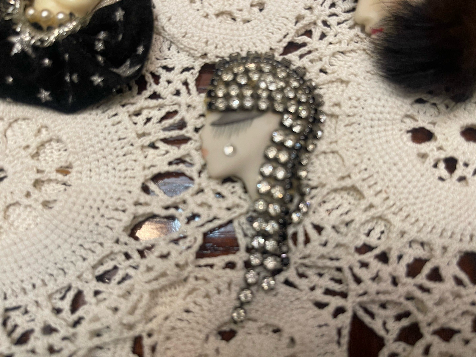 Vintage Booches Womens Faces With Fur And Rinestones