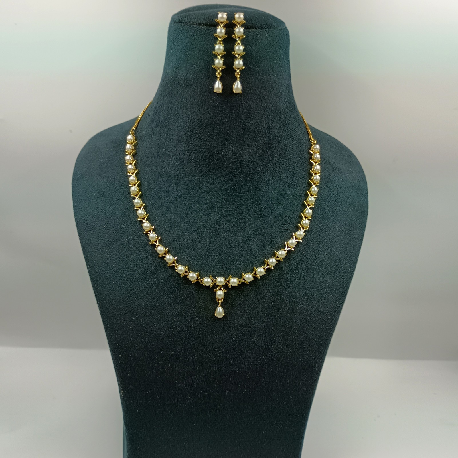 22k Gold Plated Pearl Round Stone Statement Necklace Set Wedding Jewelry Women’s
