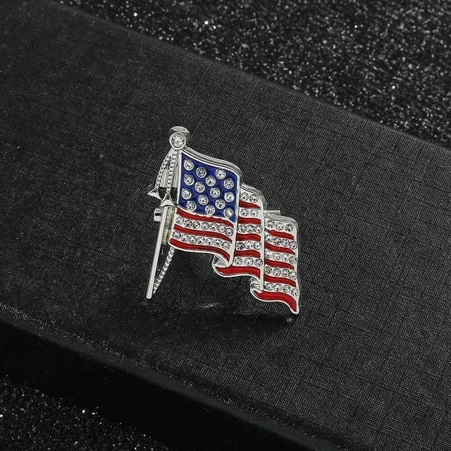 2.00Ct Round Cut Real Moissanite American Flag Brooch pin 14K White Gold Plated