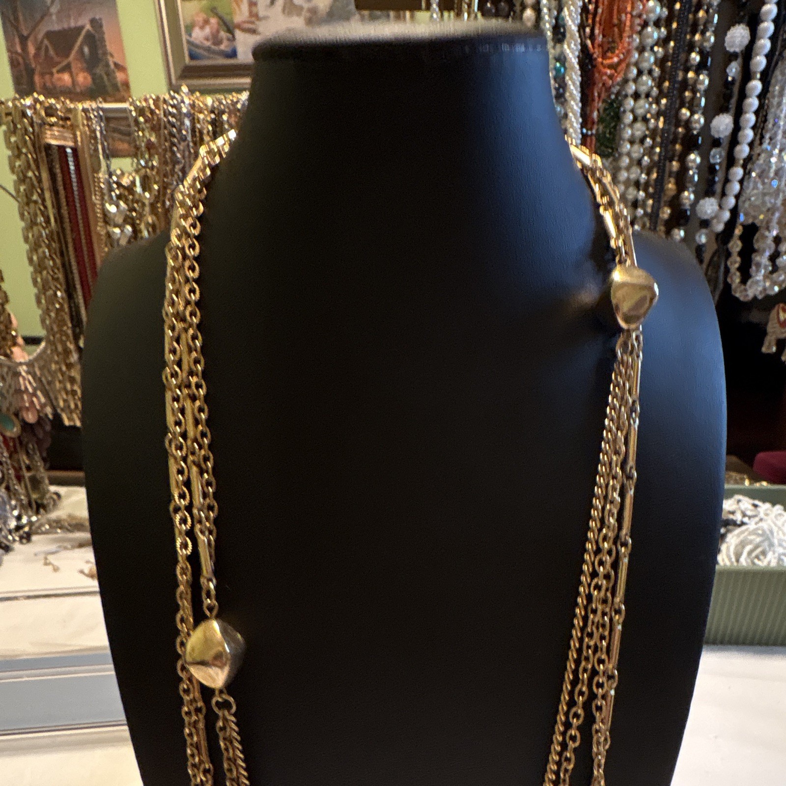 Gold Tone Metal Station Cable Chain Necklace Multi-Strand With Bead Accents