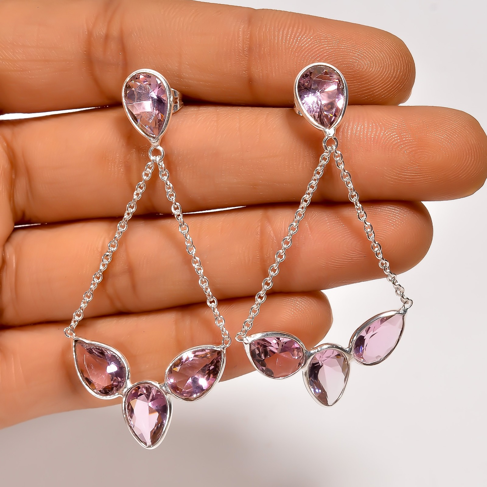 Pink Amethyst Gemstone Fashion Jewelry 925 Silver Dangle Earrings 2.3″ ARE-6713