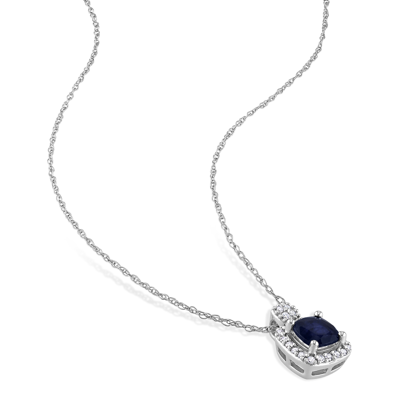 Amour 10K White Gold Diffused Sapphire 1/10CT TDW Diamond Halo Pendant – 17 in.