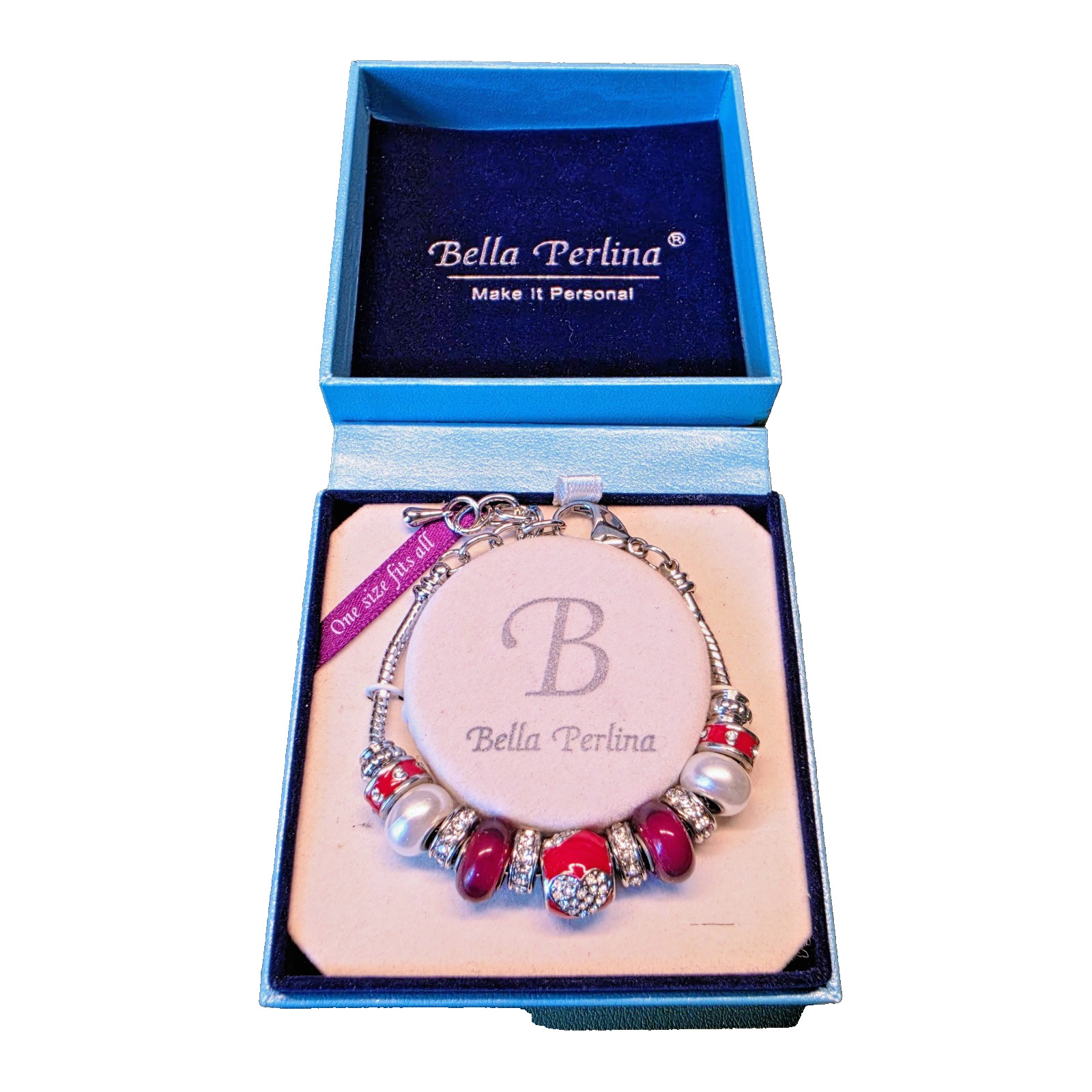 Bella Perlina Red Heart Charm Bracelet Rhinestone Glass Pearl Beads 15g OS Box