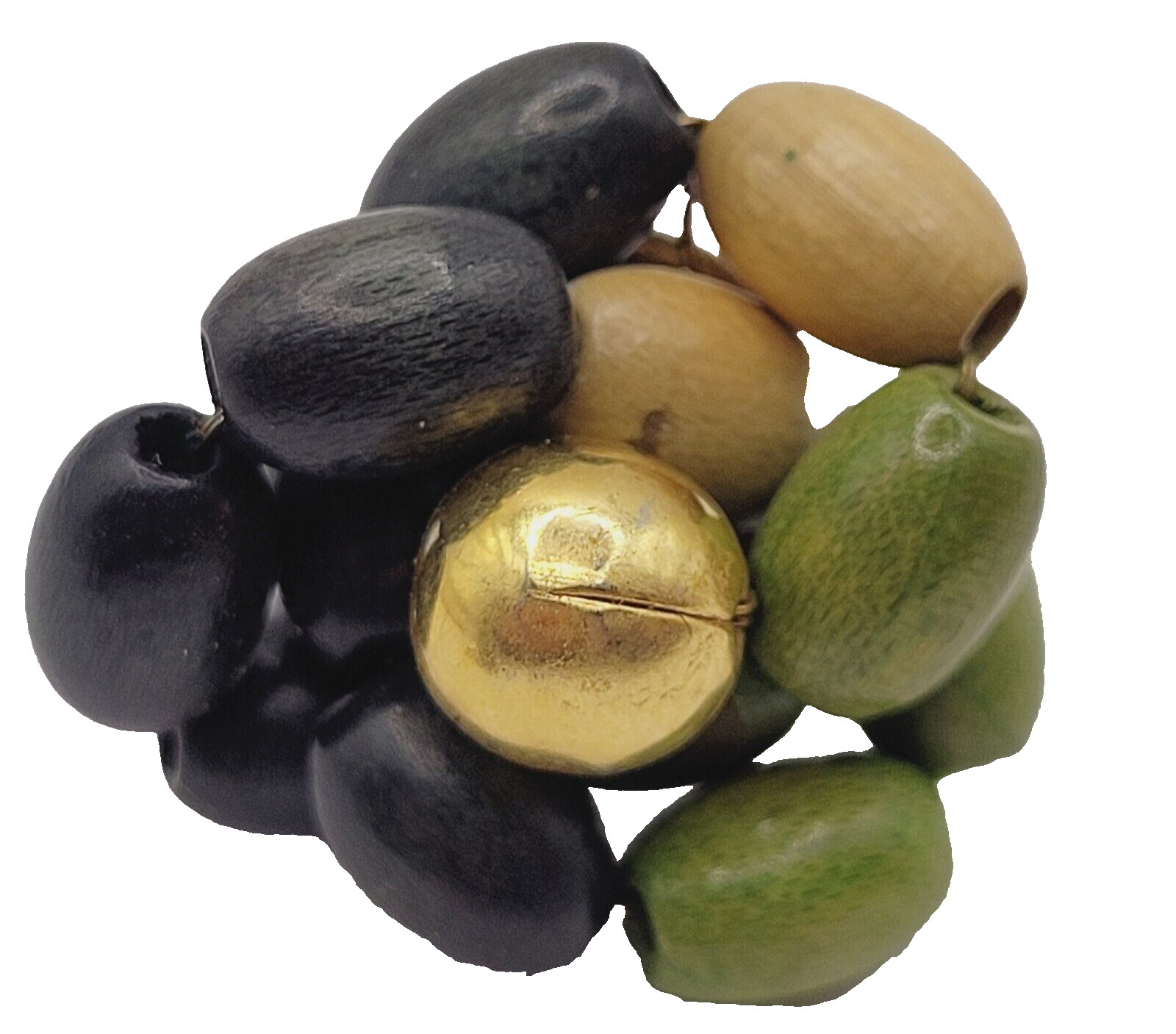 Hand Beaded Wood Bead Olive Black Tan Oval Cluster MCM 1950s Screw Back Earrings