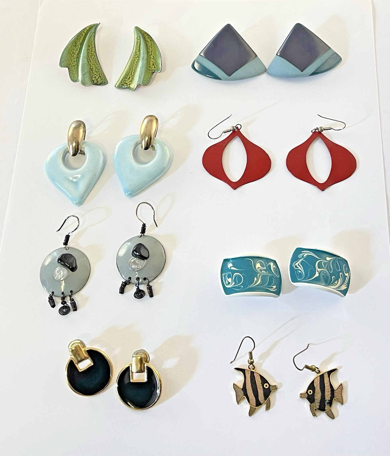 Vintage Earrings Pierced Enamel Ceramic Copper Gold-Tone Abstract 8 Pairs