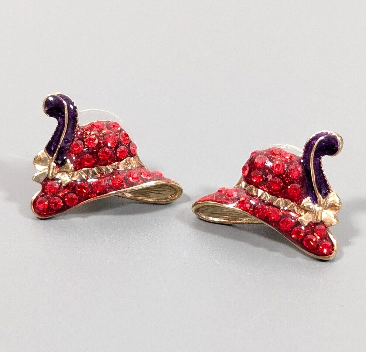 Vintage Ladies Red Hat Crystal Purple Feather Gold Tone Pierced Earrings