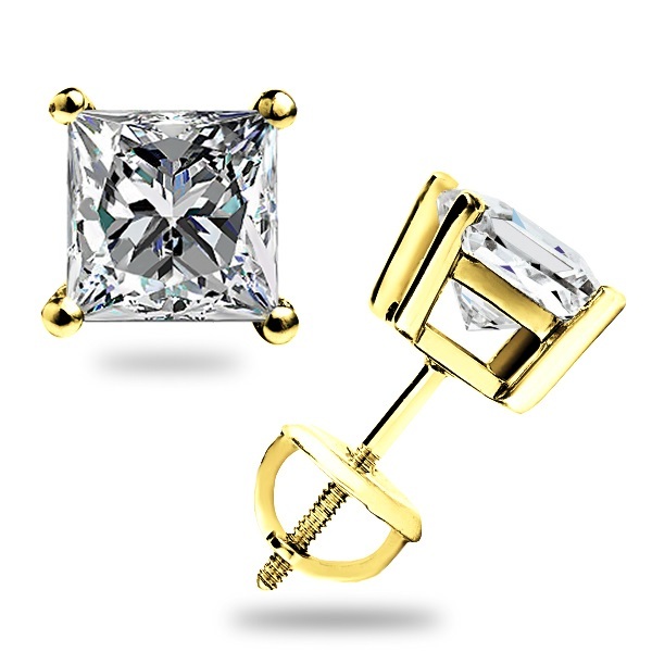 1.60 Ct Princess Cut Moissanite Stud Earrings Solid 14K Yellow Gold ScrewBk Gift