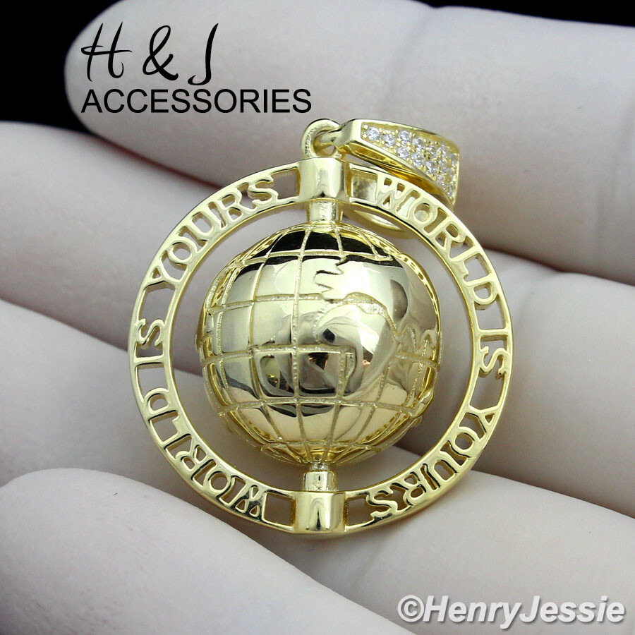 925 STERLING SILVER ICY BLING CZ GOLD PLATED 3D SPIN GLOBE MAP PENDANT*AGP262