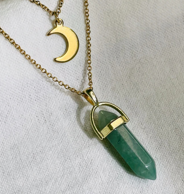Natural Crystal Point Pendant Necklace Crescent Moon Gemstone Chakra Jewelry
