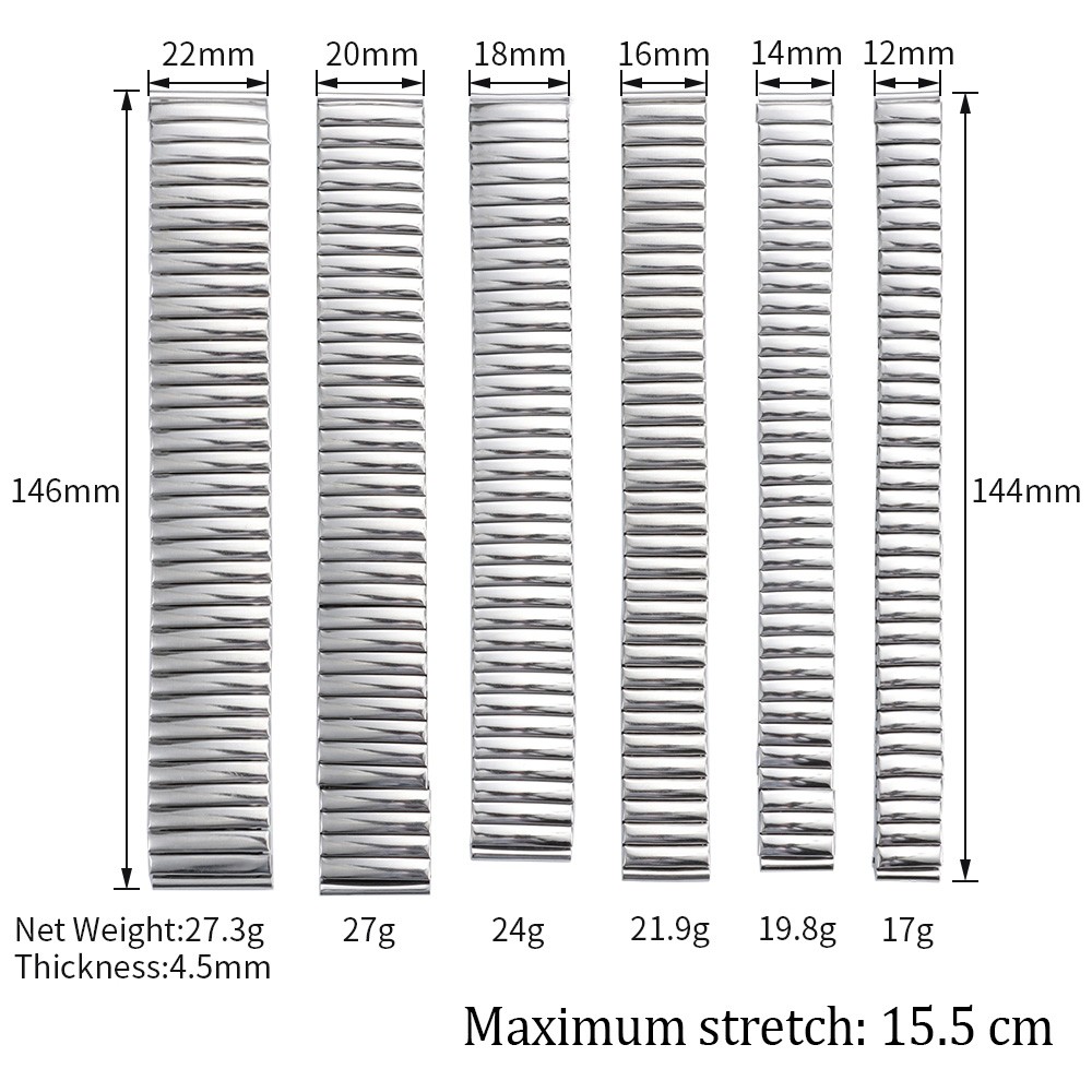 12 14m 16 18 20 22mm Stainless Steel Elastic Watch Band Metal Expansion Straps