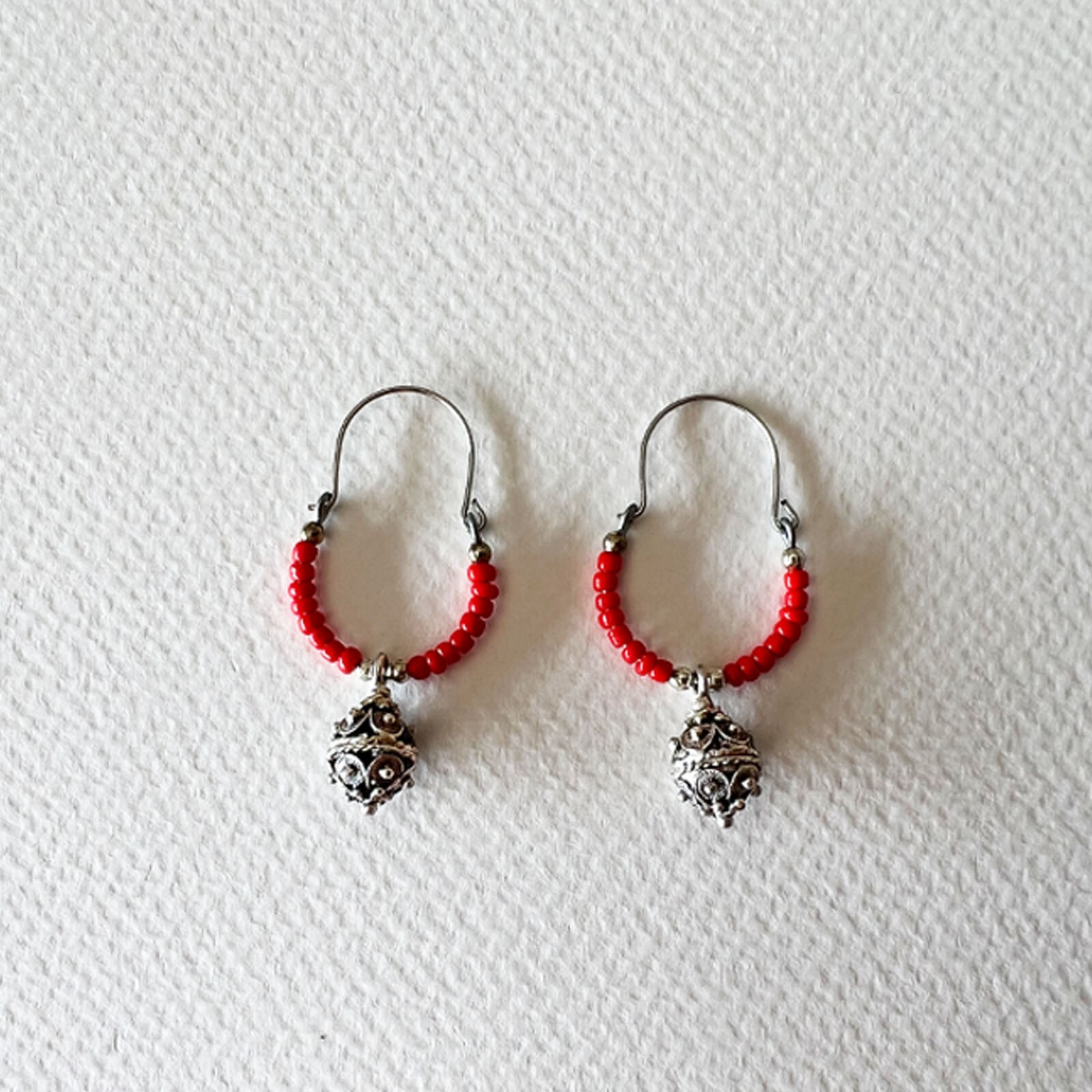 Traditional Croatian Handmade Earrings With Red Pearls & Sibenik Button Pendant