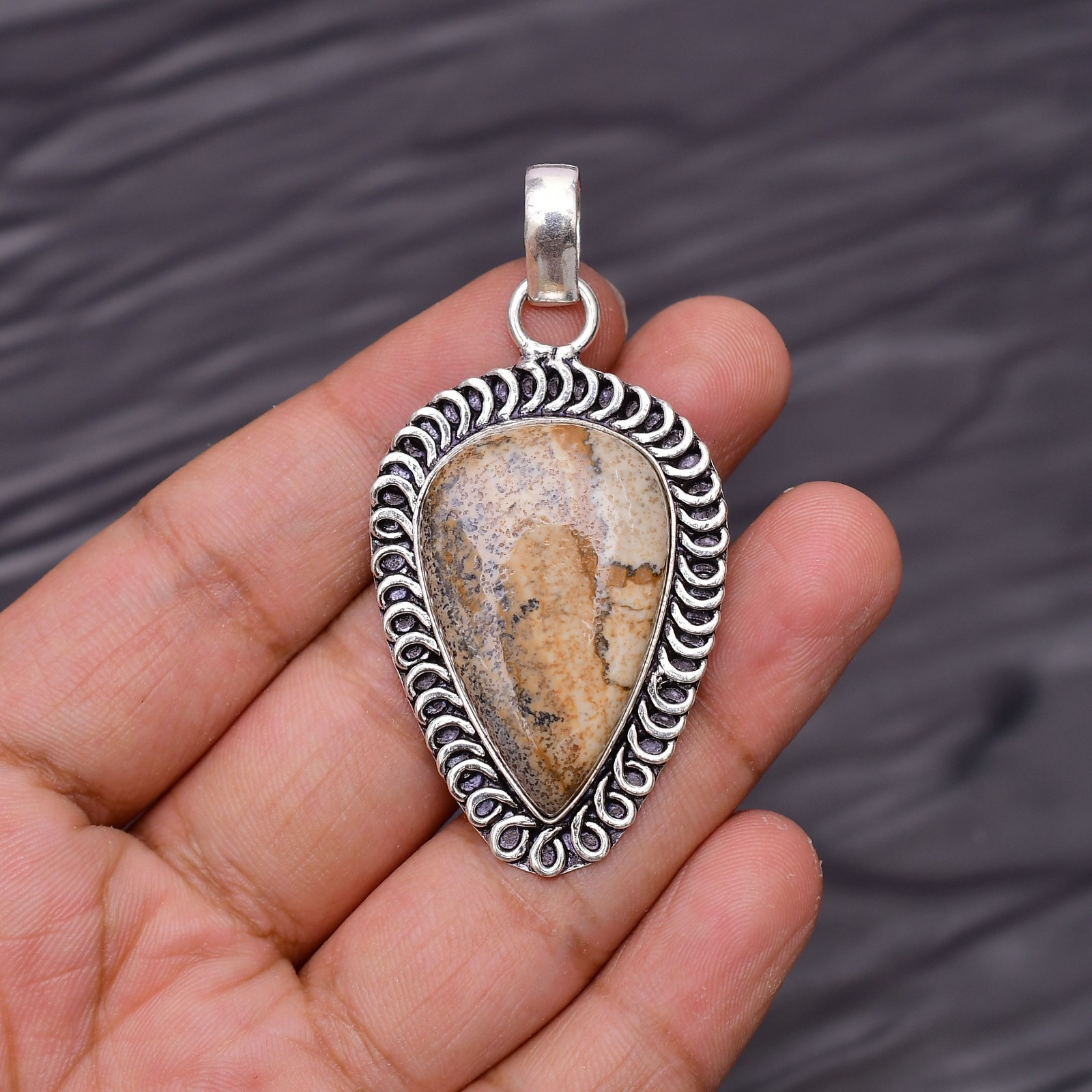 Picture Jasper Gemstone 925 Sterling Silver Jewelry Pendant 2.24″