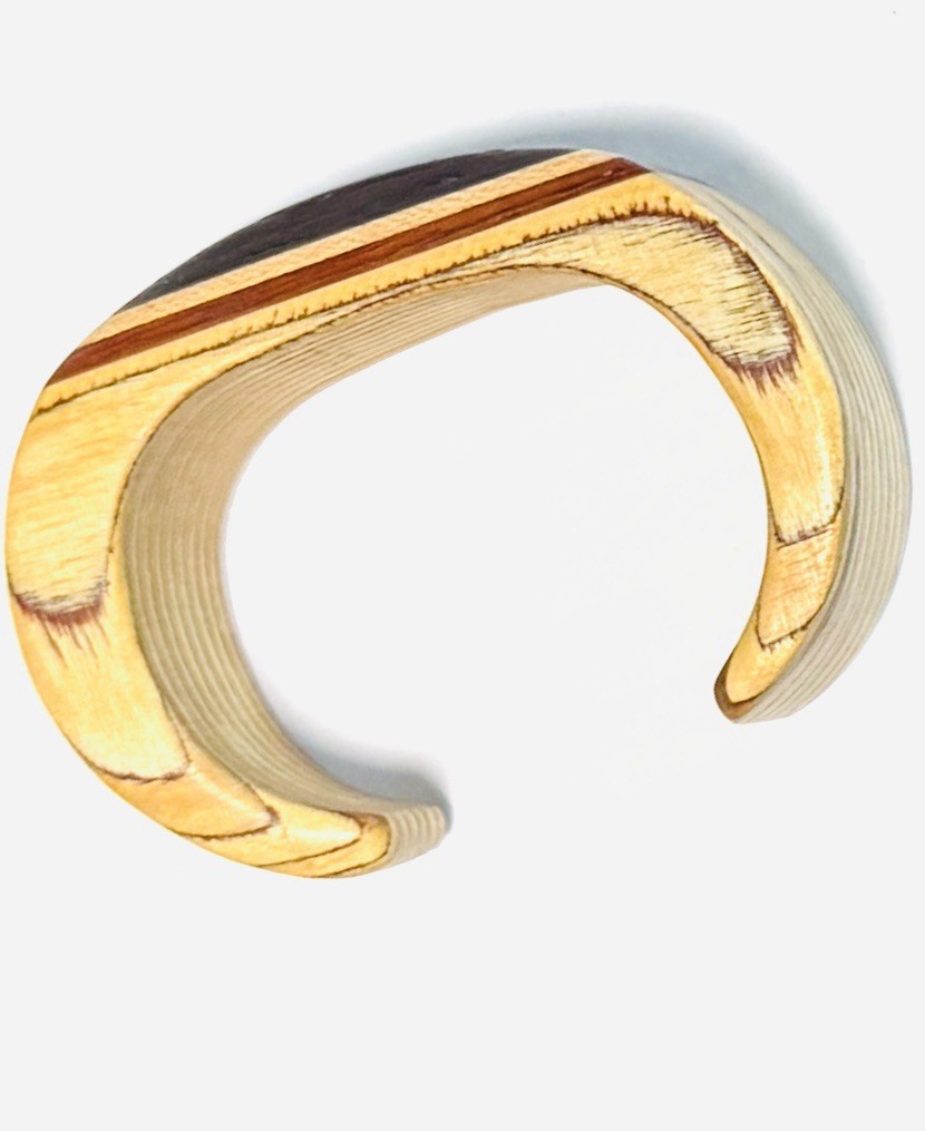 Vintage Kids’ Boho Natural Wood Handcarved Open Bangle Bracelet Radial Stripe