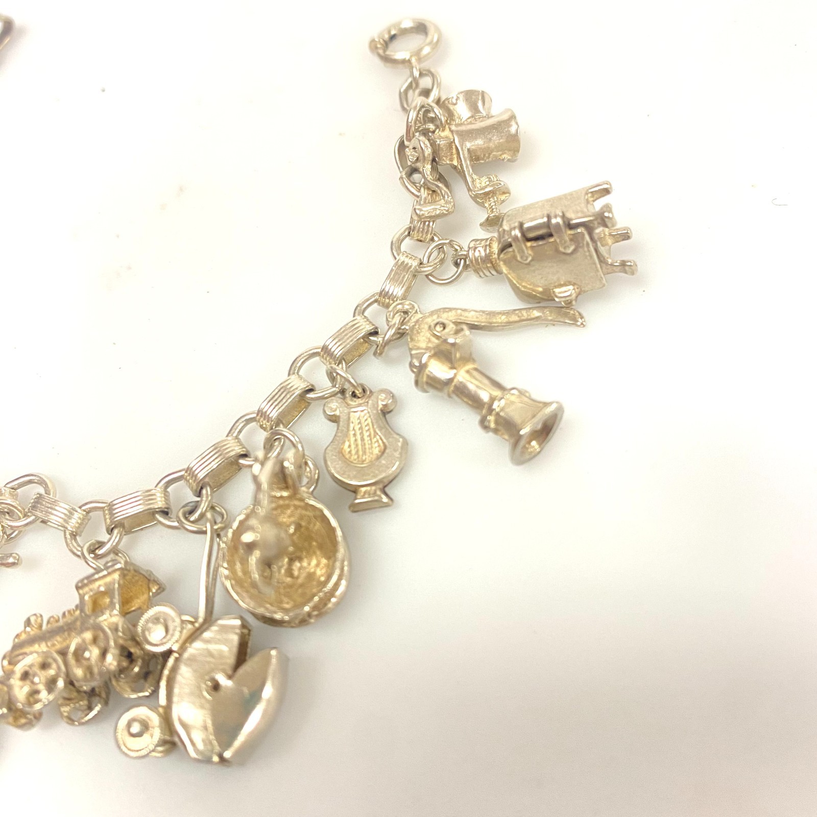 j848 Vintage Sterling Silver Chain Bracelet with multiple Various Charm Pendants