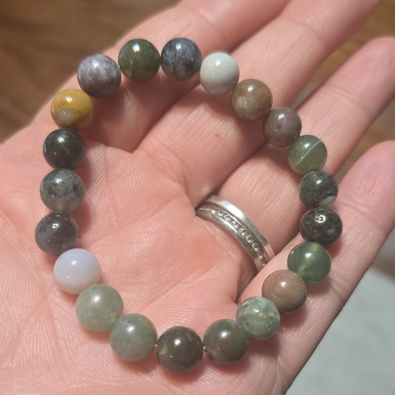 Moss Agate Beaded Stretch Bracelet, Round Beads, Stackable, No Closure