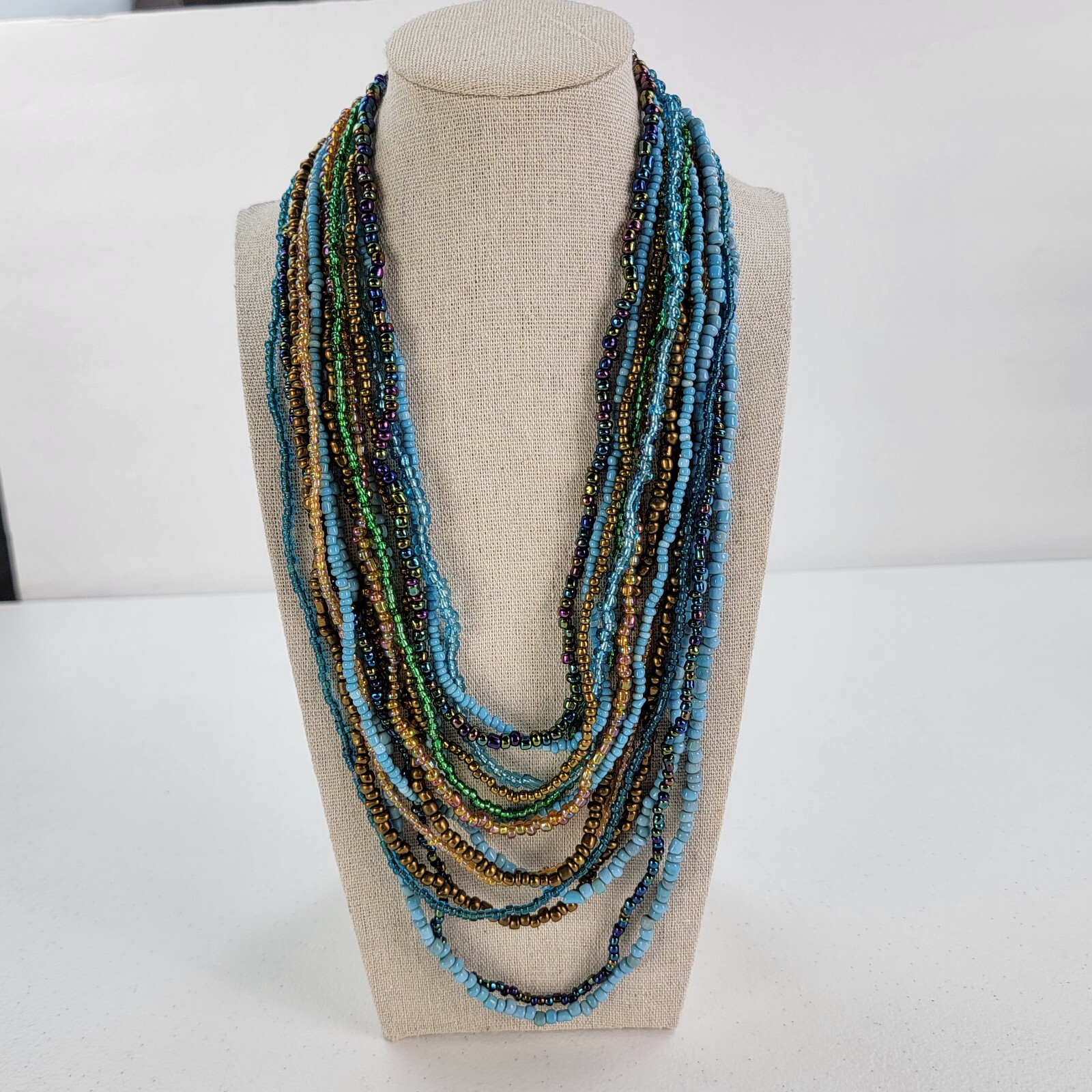 Vintage 14-Strand Multicolor Seed Bead Statement Necklace 20.5 in Wooden Clasp