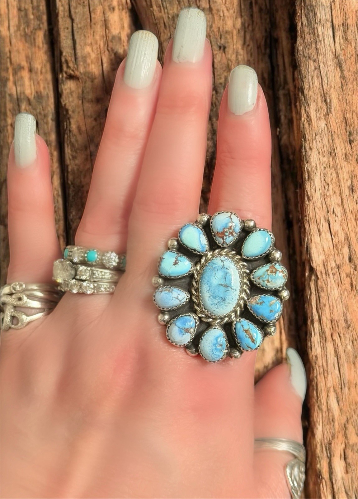 Golden Hills Turquoise Cluster Ring Native Sterling MJ Adjustable Statement