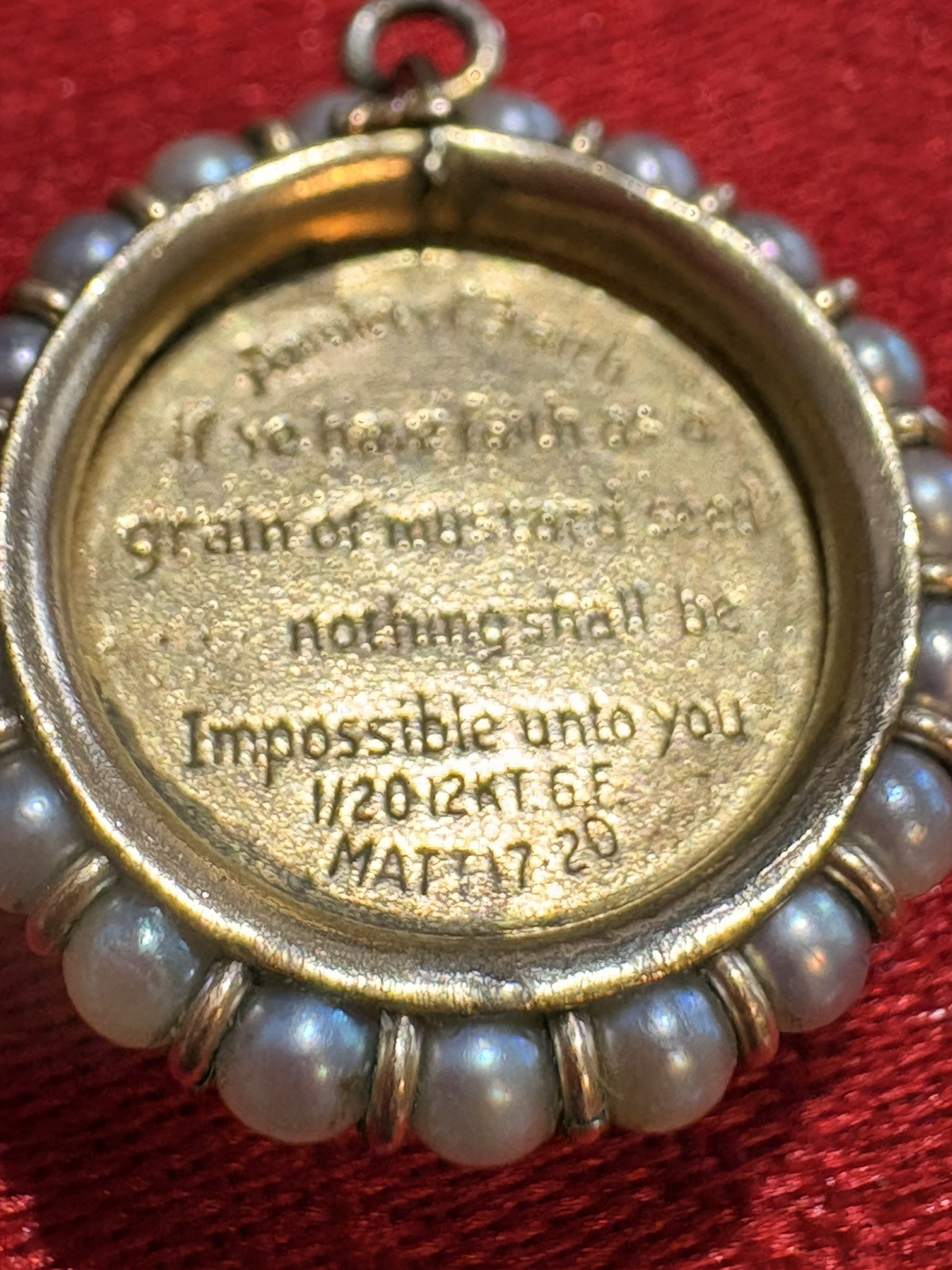 Vintage 12k yellow gold and pearl Mustard Seed Amulet of Faith Matthew 17:20