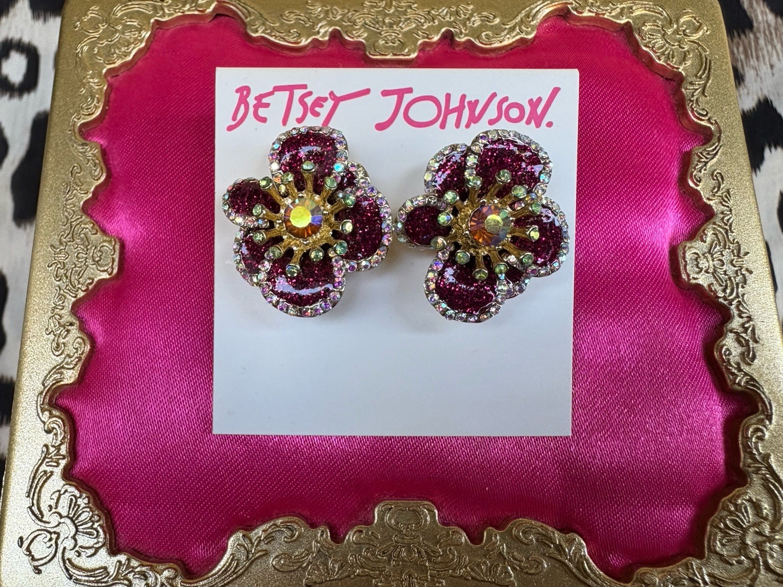 Betsey Johnson Paradise Lost Pink Orchid Flower Glitter Crystal AB Earrings