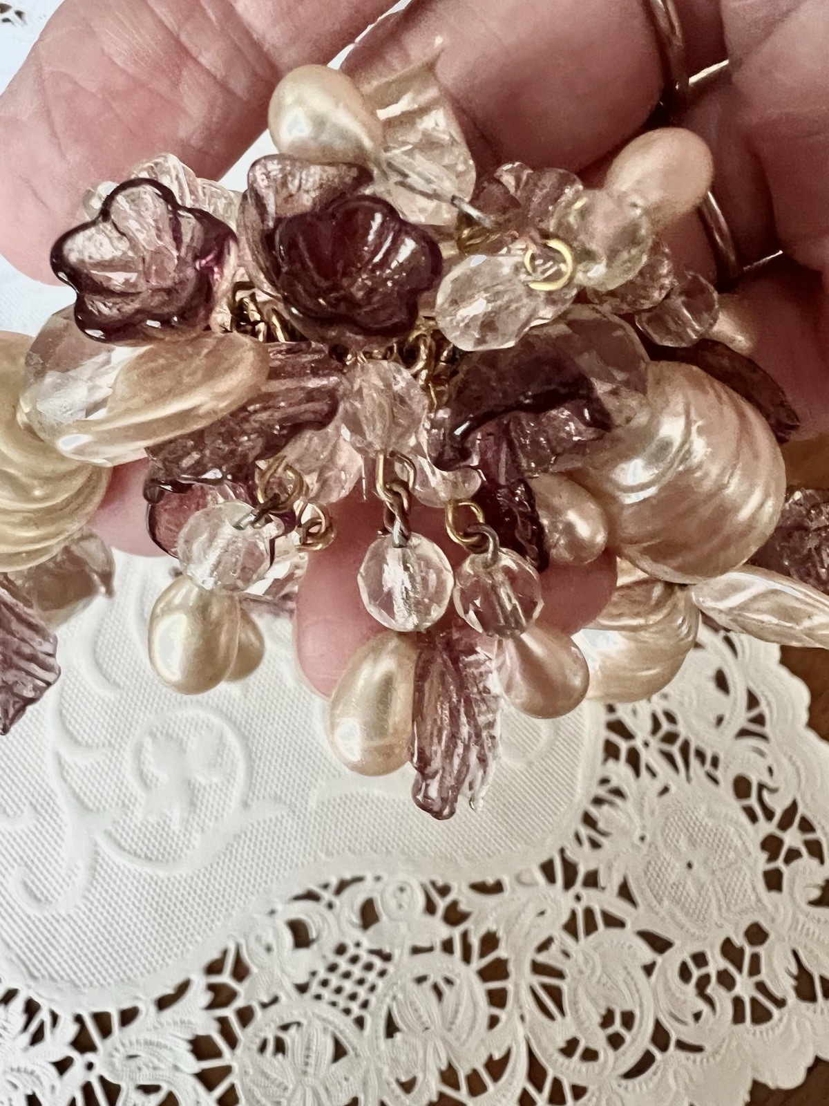 Vintage Venetian Clear, Purple, & Faux Pearl Flower Bead Art Glass Necklace 18″