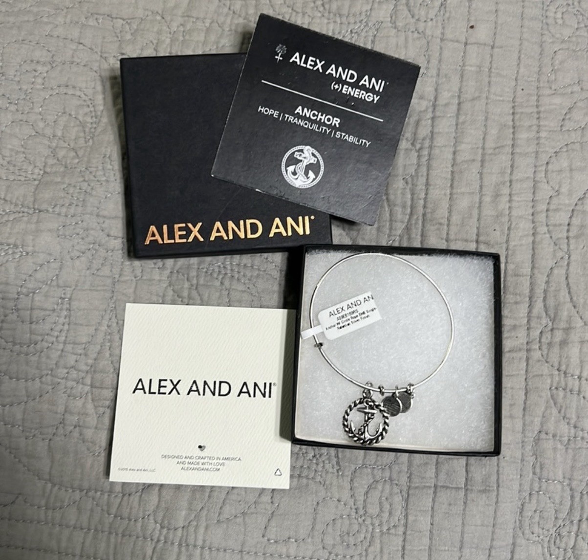 Alex and Ani Nautical Anchor Dangle Charm Adjustable Bangle Bracelet Silver Tone
