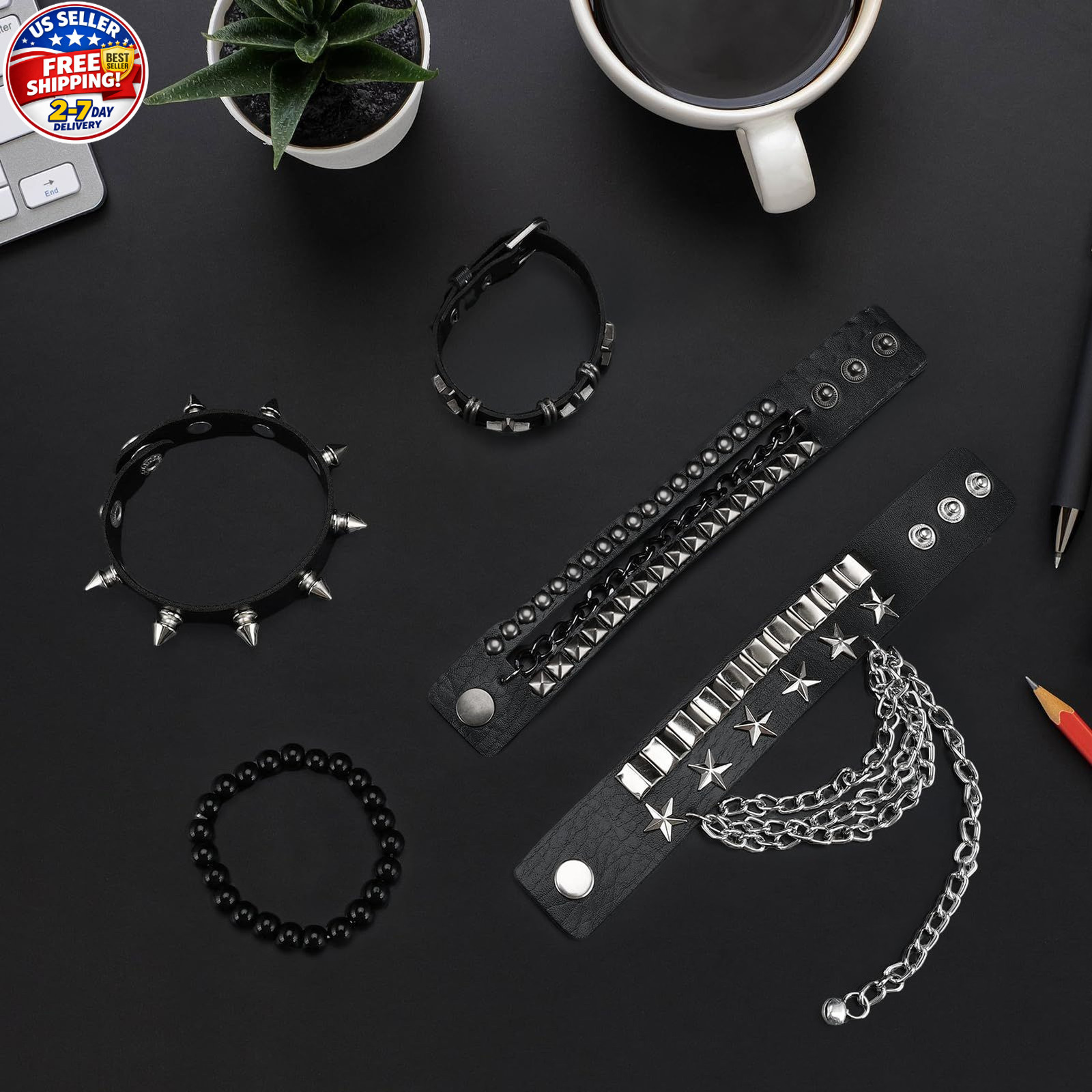 Emo Bracelets Punk Rock Studded Bracelet for Women Men Goth Leather Bracelet US.