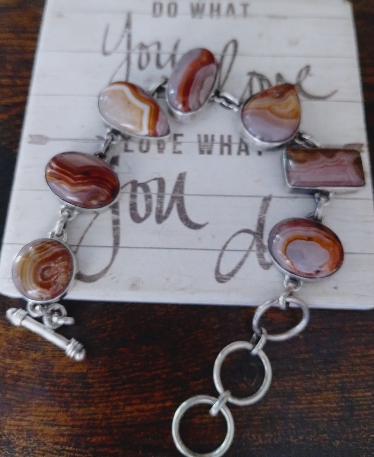 Natural SJ Red Banded Agate Stone Sterling Silver Sajen Toggle Bracelet 7-9in