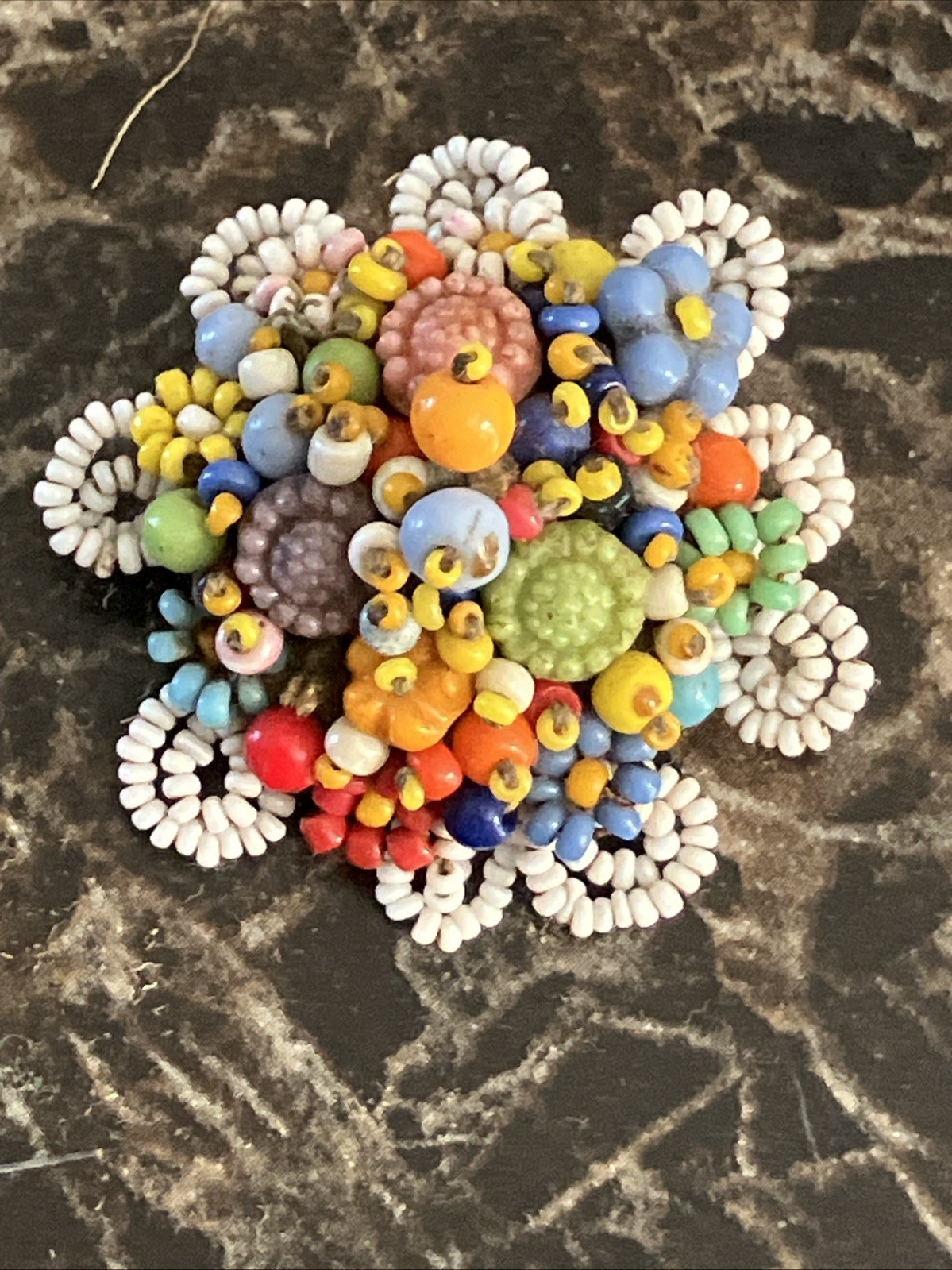 Antique Micro Seed Bead Floral Bouquet Handmade Brooch