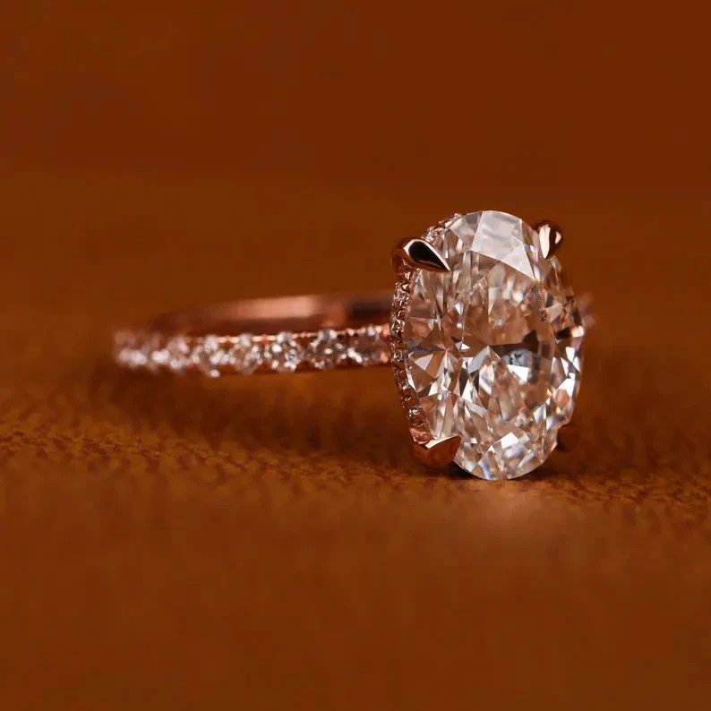 Lab Grown Diamond Wedding Ring 3.50 Carat Oval Cut IGI E F VVS CVD 14k Rose Gold
