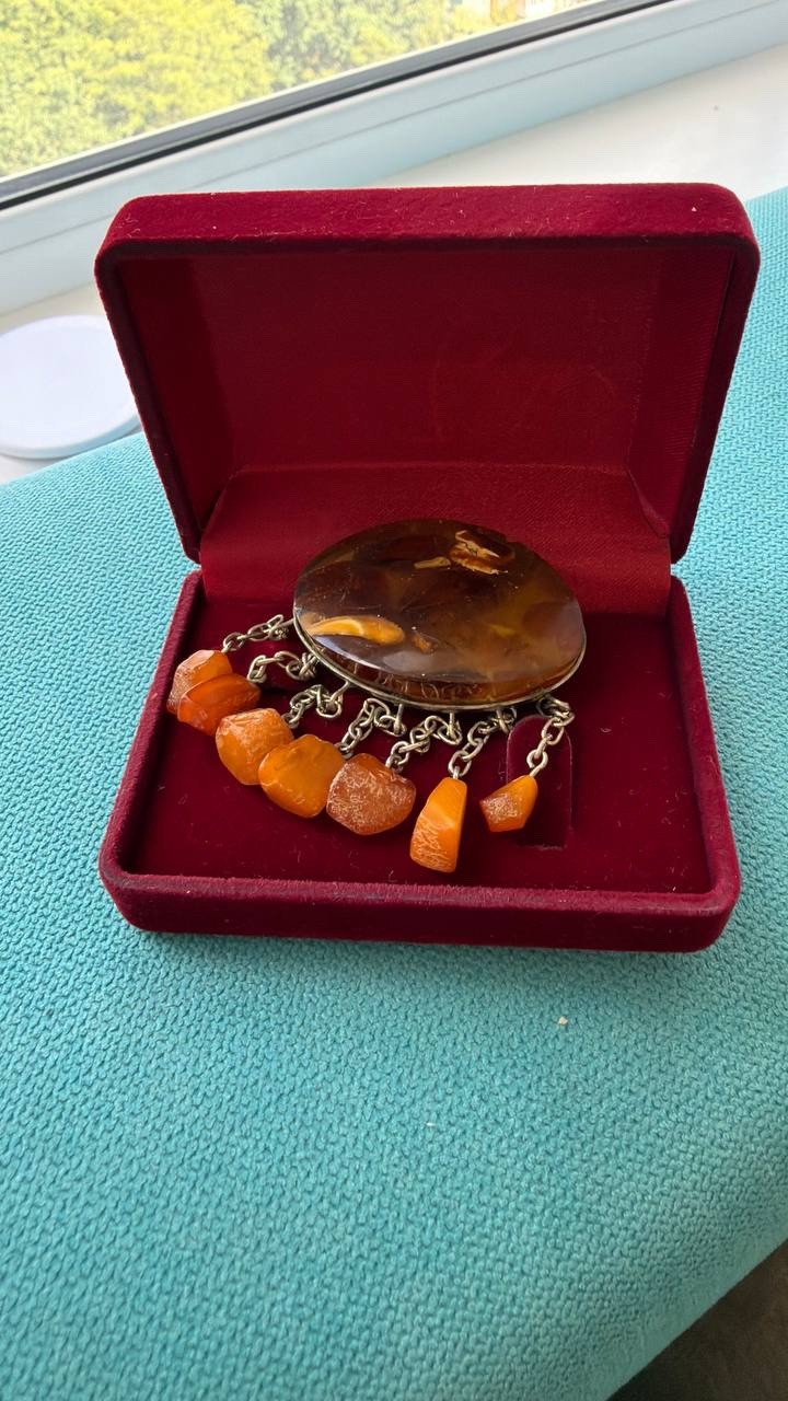 Vintage USSR Baltic Amber Mosaic Brooch Dangle Natural Amber 22g Rare