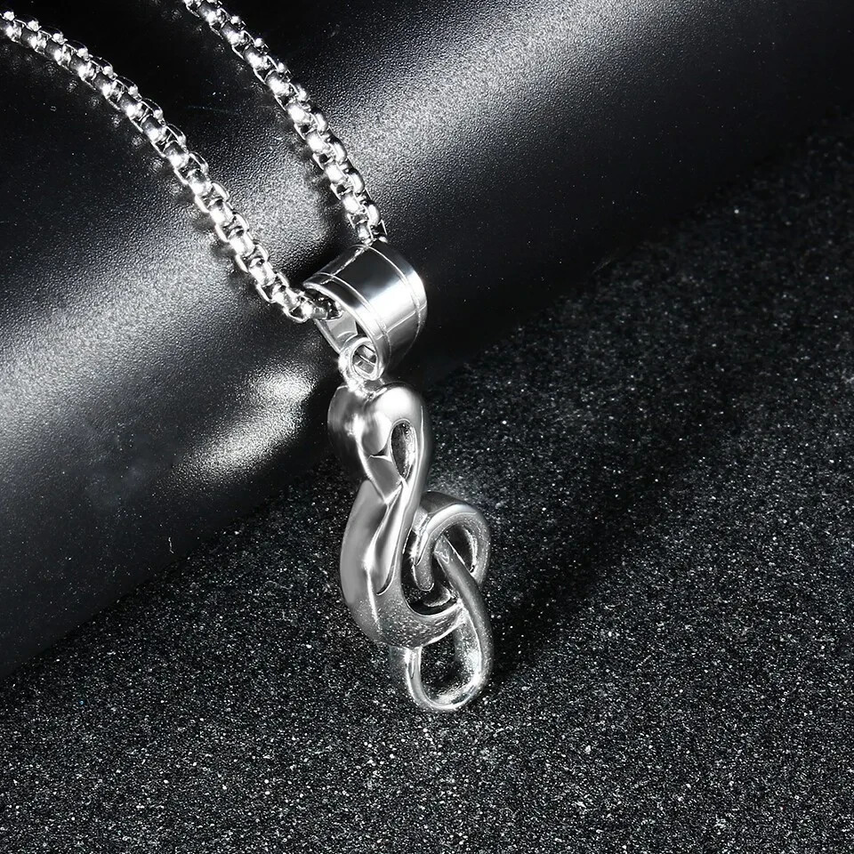 Silver Music Note G Treble Clef Pendant Necklace with Chain 24″ Mens Womens