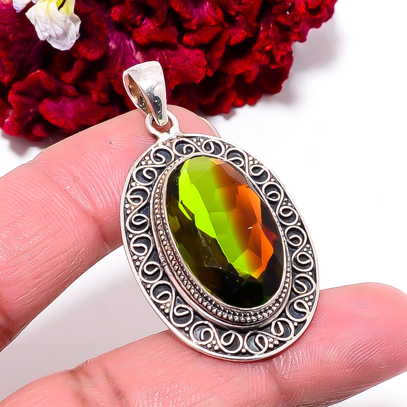 Green & Red Bi-Colour Tourmaline Handmade 925 Sterling Silver Pendant 1.87″ P564