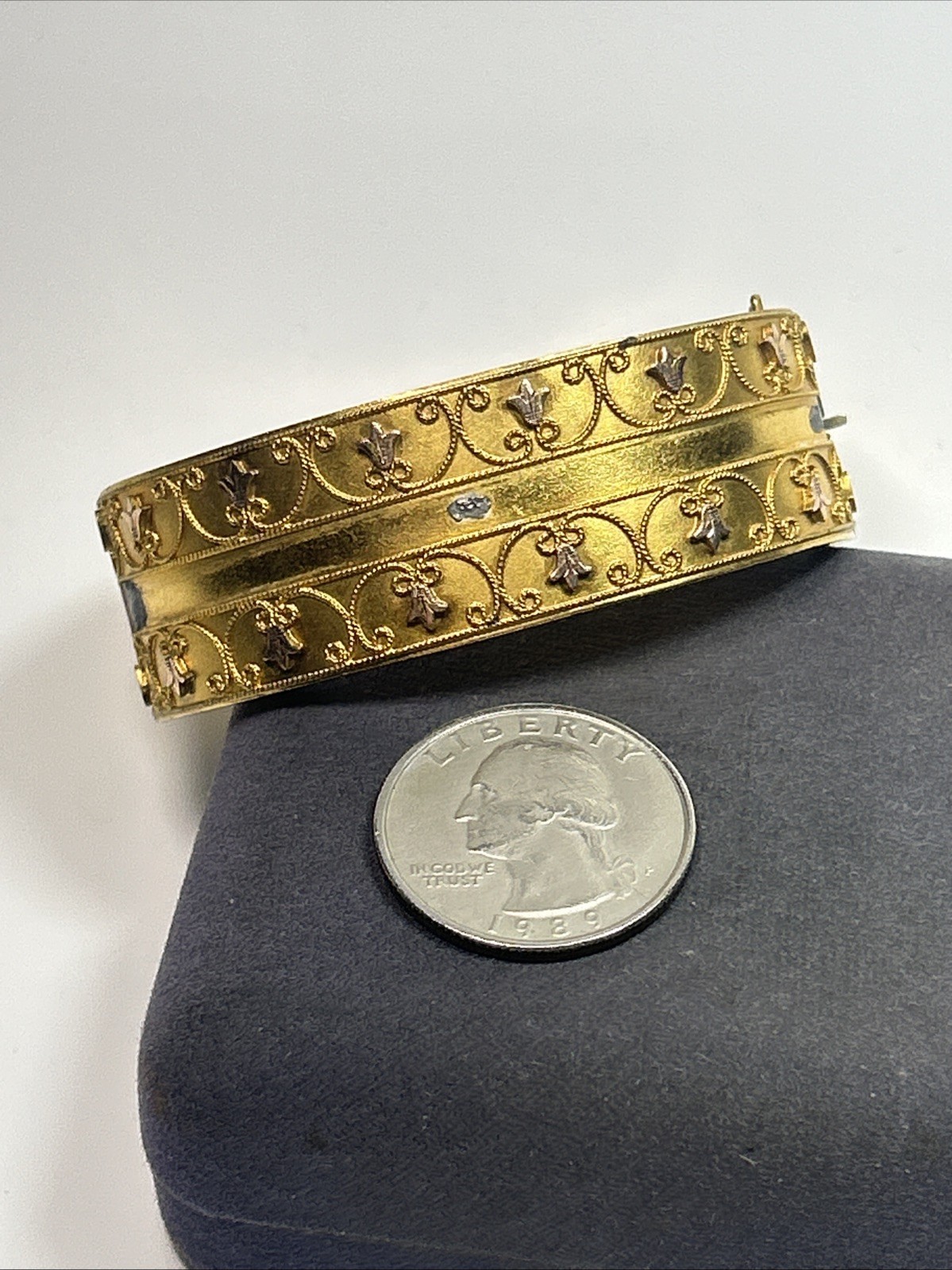 Victorian Etruscan Revival Gold Gild Wide Floral Motif Insert Clasp Bangle