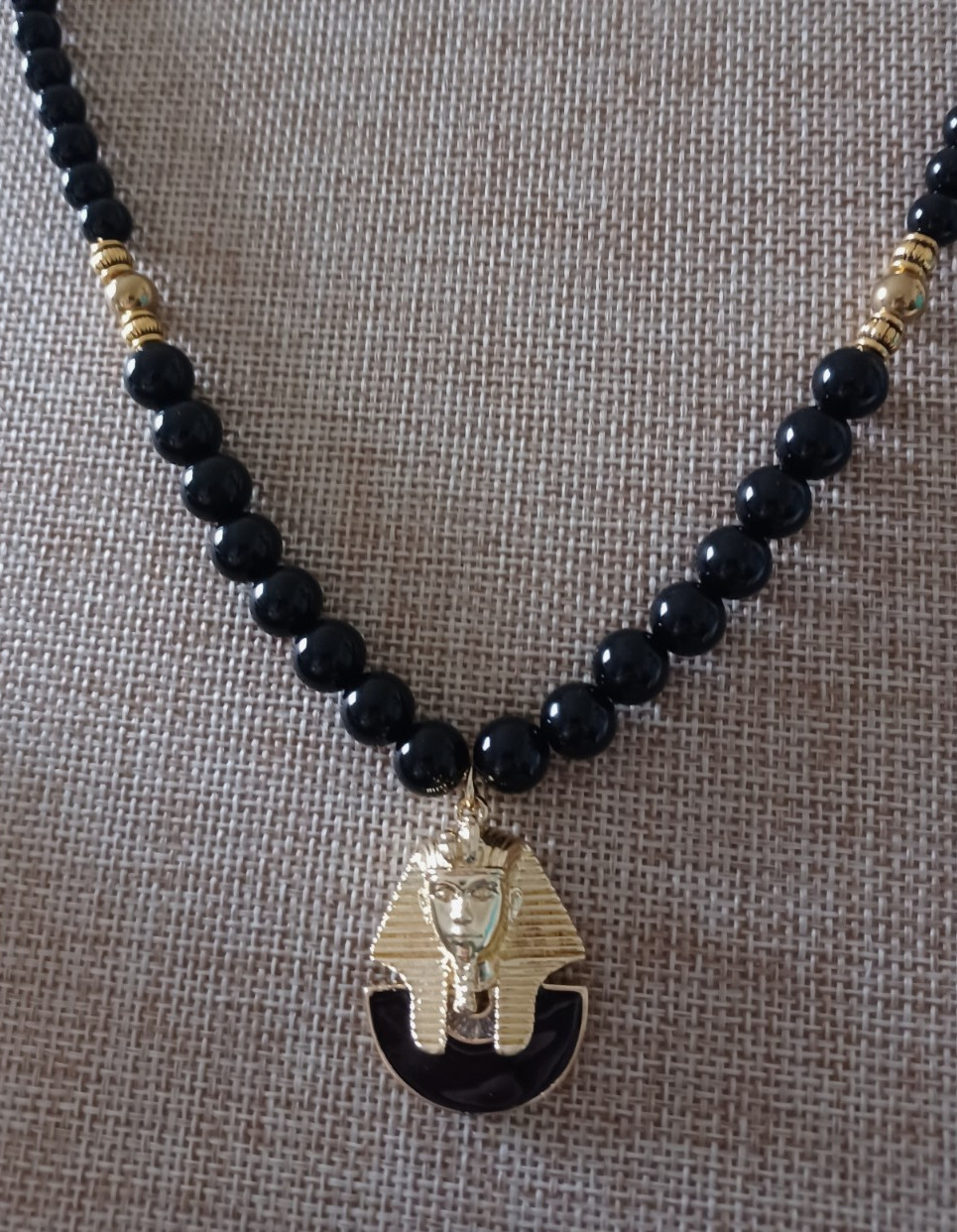Sphinx beaded Necklace, Egypt Pharoah Pendant Black Agate ~ New Handmade in USA