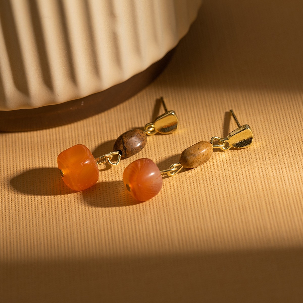 Boho Square Amber Brown Resin Tassels Gold Plated Dangle Drop Earrings