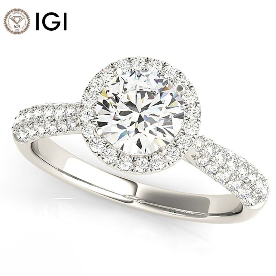 Round Cut 1.45TCW IGI Certified Lab Grown Diamond Halo Ring Solid 14k White Gold