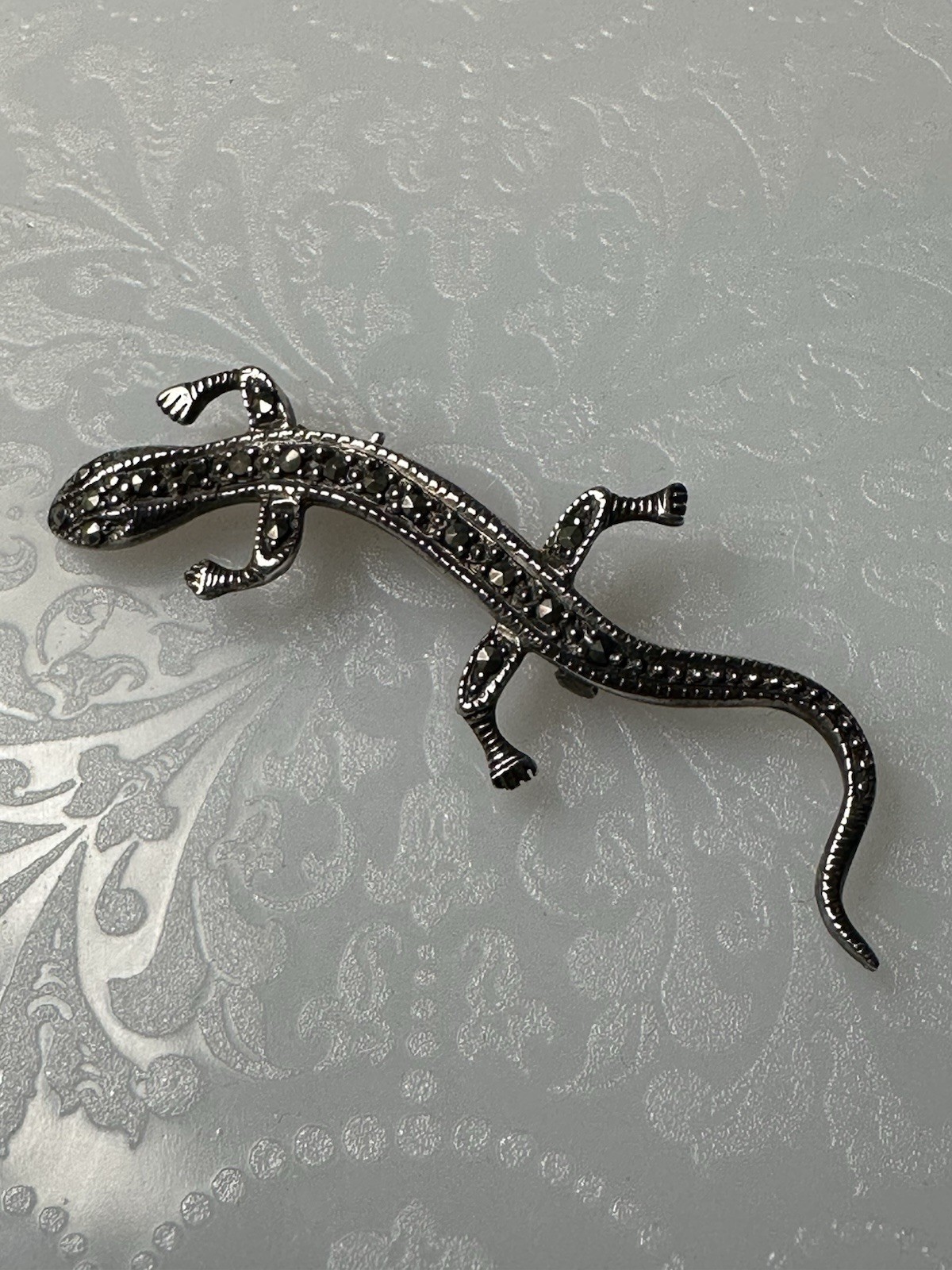 Vintage Sterling Silver Marcasite Gecko Lizard Salamander Brooch Pin 925