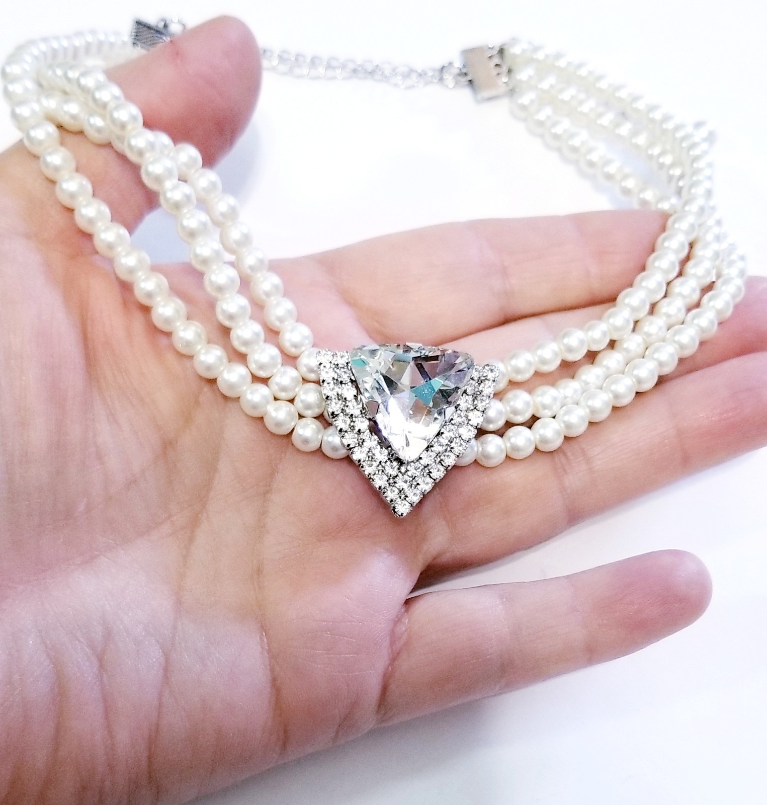 Clear Crystal Choker Rhinestone Created Pearls Necklace Bridal Prom Pageant