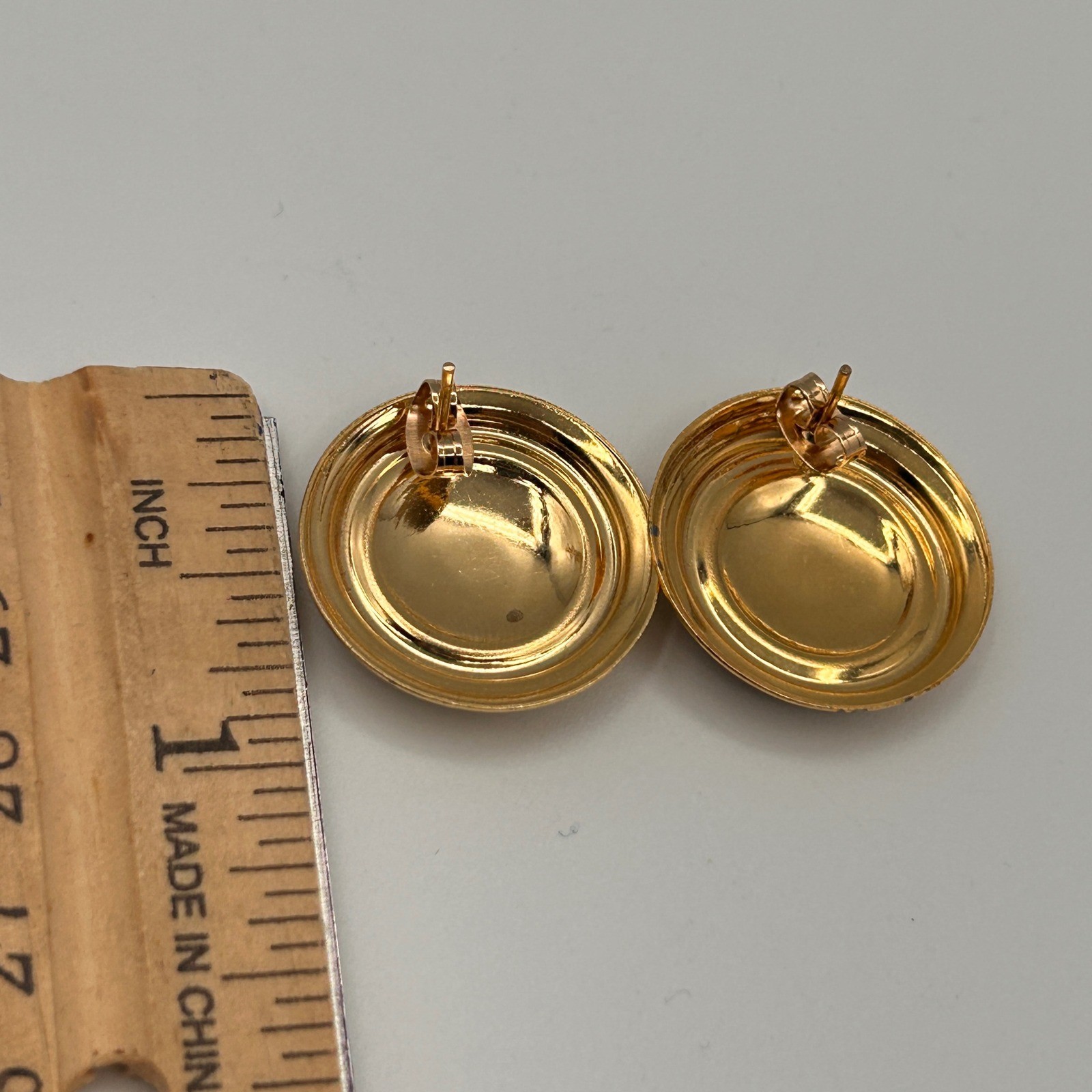 Vintage Gold Tone Burgundy Red Enamel Round Button Stud Earrings 1 Inch