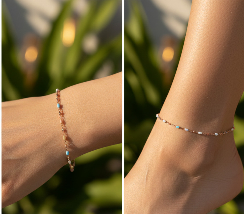Beaded Link Anklet Rose Gold Plated Multicolor Enamel Dainty Chain Handmade