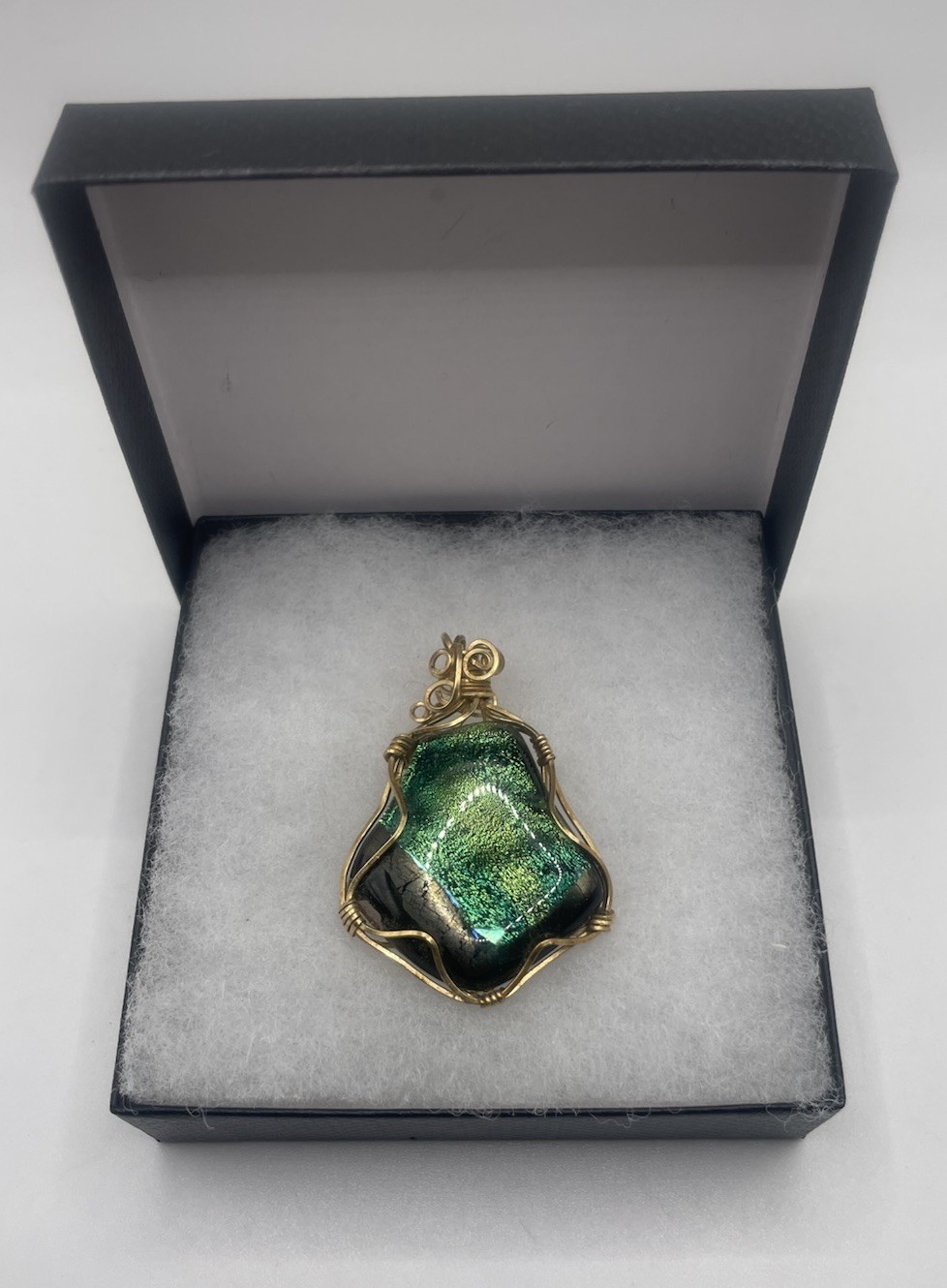 Blue Green Gold Dichroic Glass Pendant Handmade Gold Tone Wire Wrapped