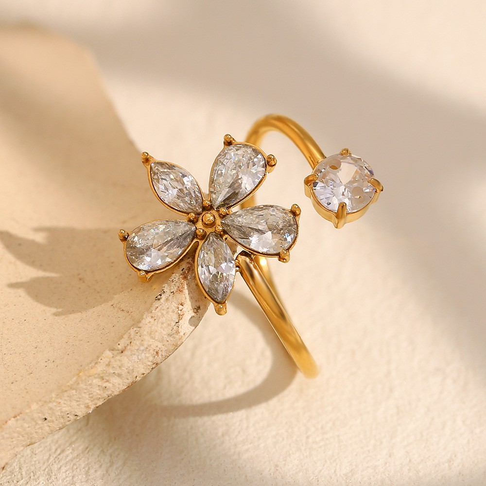 18K Gold Plated Stainless Steel Open Band Ring With Cubic Zirconia Flower Inlay