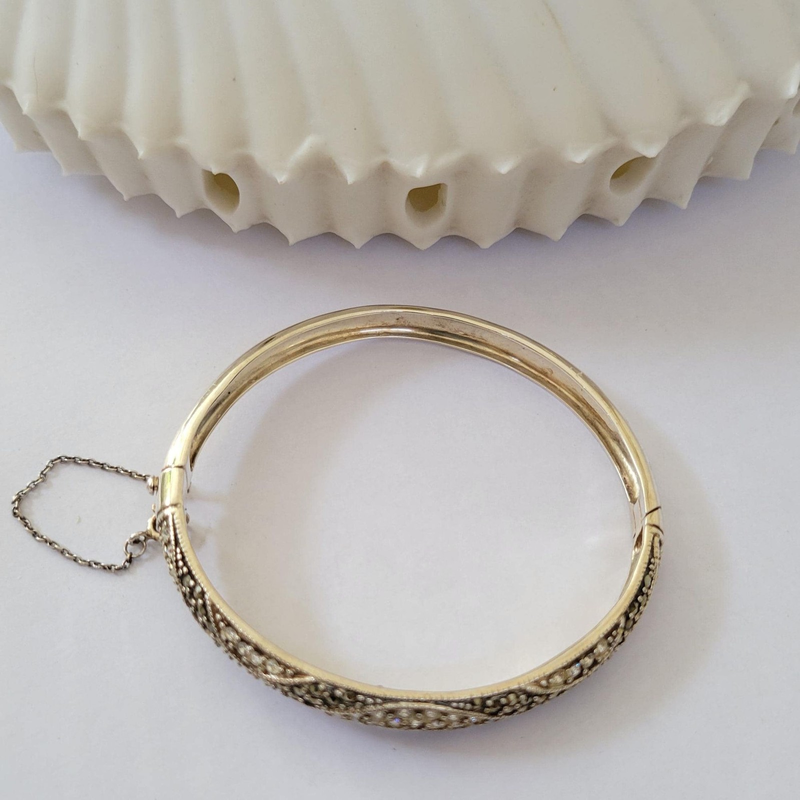 Vintage 925 Sterling Silver Marcasite Bangle Bracelet with Safety Chain