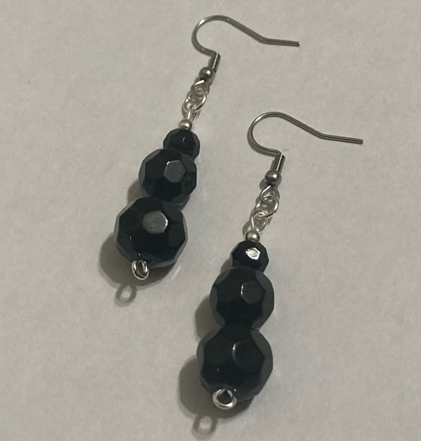 Onyx Obsidian Black Beaded Silver Handmade Boho Dangle Hook Drop Style Earrings
