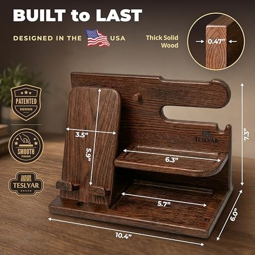 Wood Desk Organizer Dock Stand Key Wallet Watch Holder Nightstand Brown Men