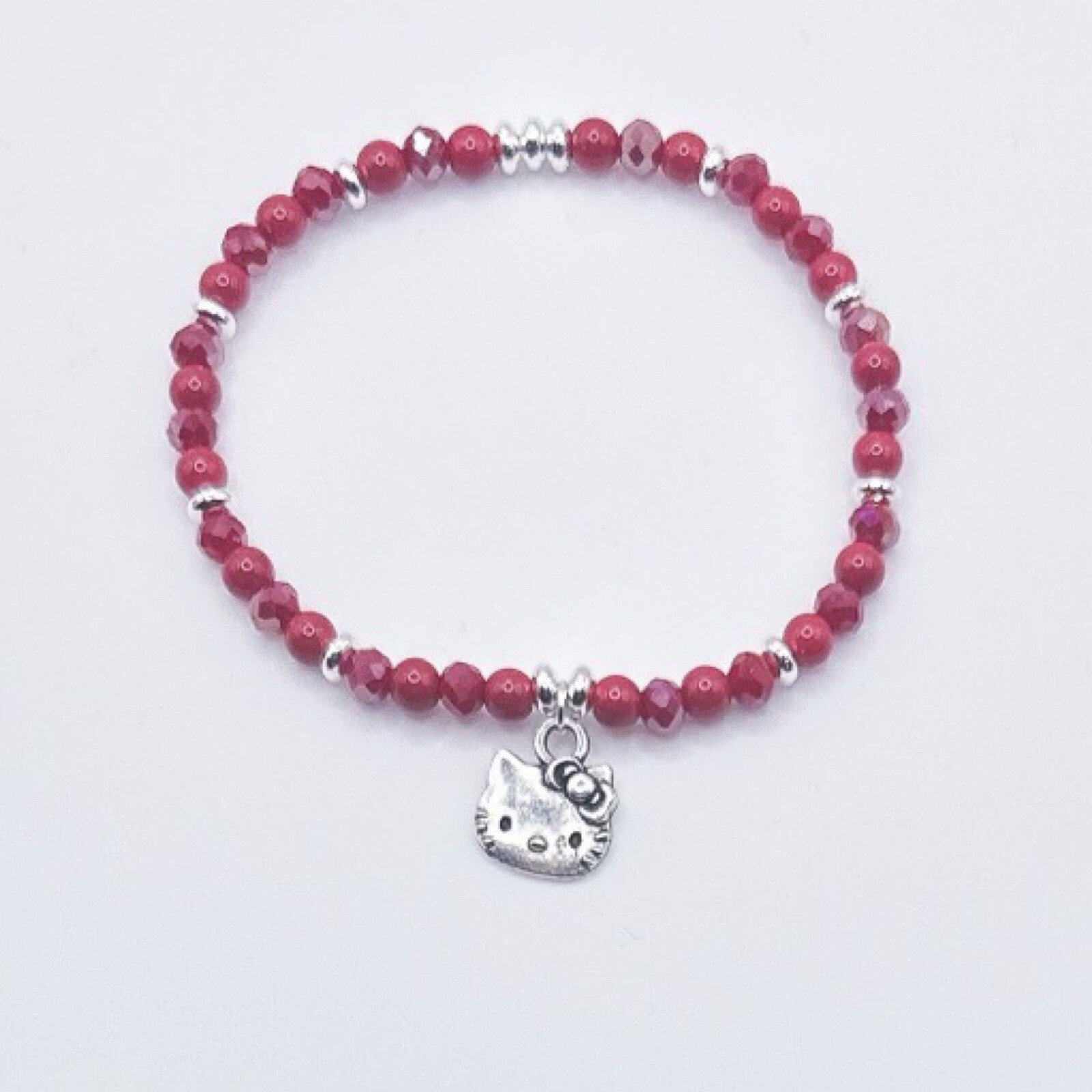 Hello Kitty Bracelet with Red Crystal, Glas Beads, Silver-Plated Stretch Design