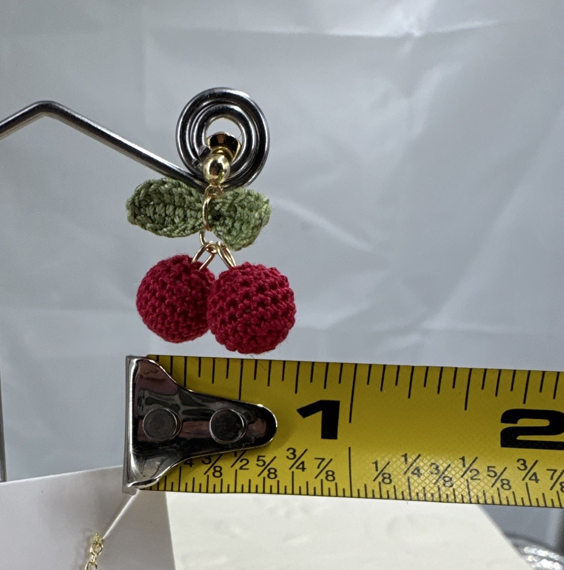Hand Made, Tiny Crochet Cherry Pendant Necklace & Earrings Set