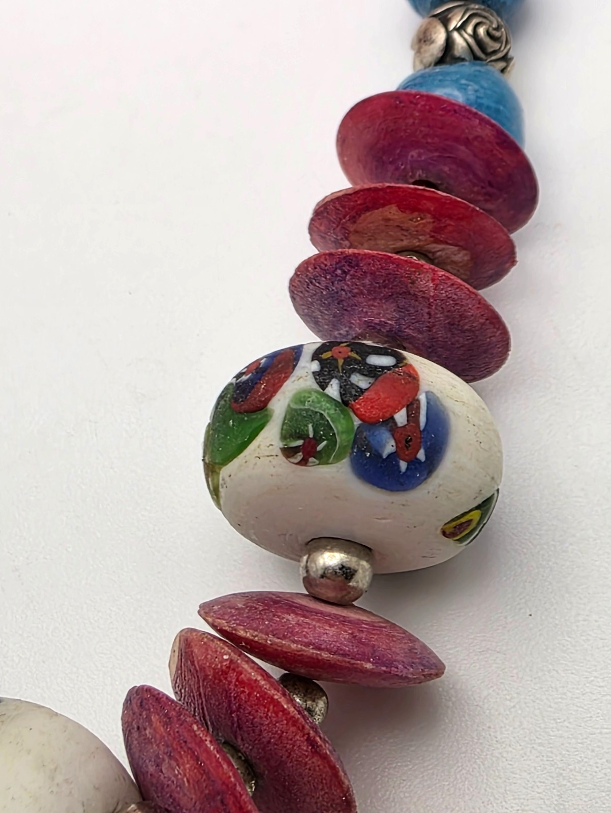 Handmade Artisan Ceramic Bead Necklace Colorful Boho Cottagecore 18.5 in