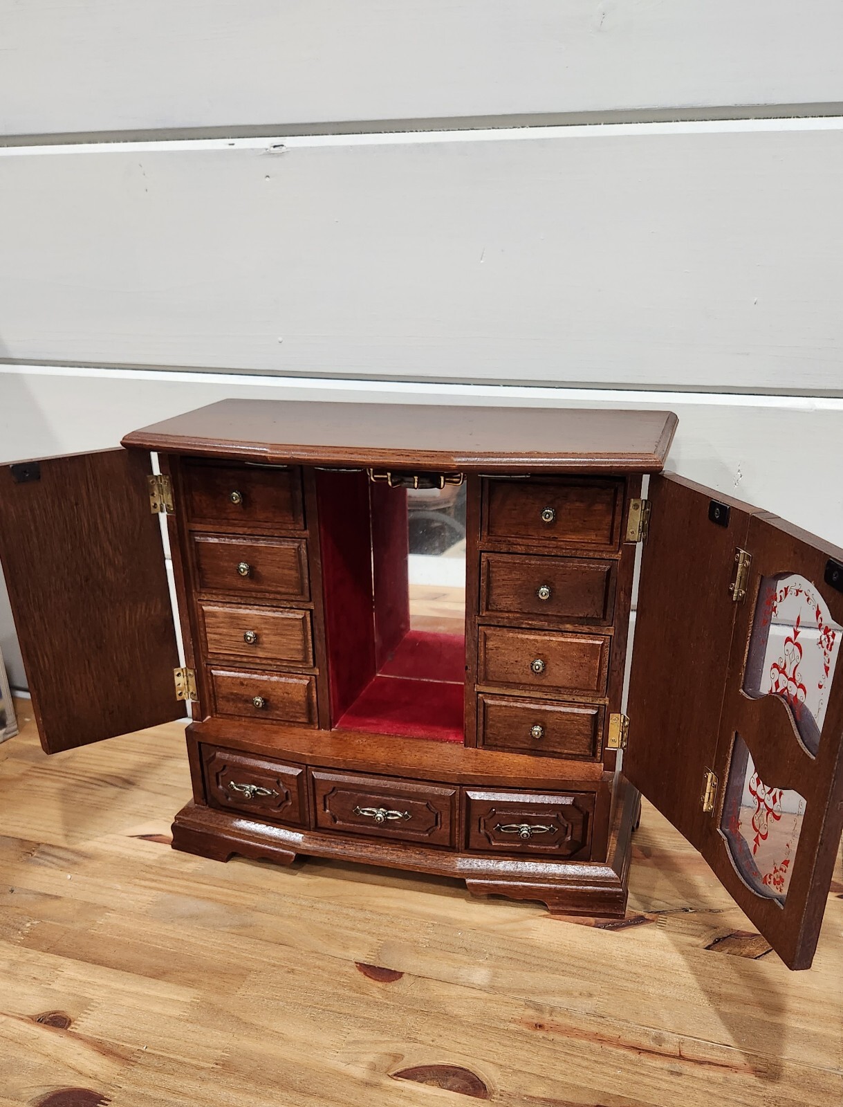 Wood Jewelry Box Table Top Velvet Lined Drawers 13″ X 14″ Vintage Taiwan