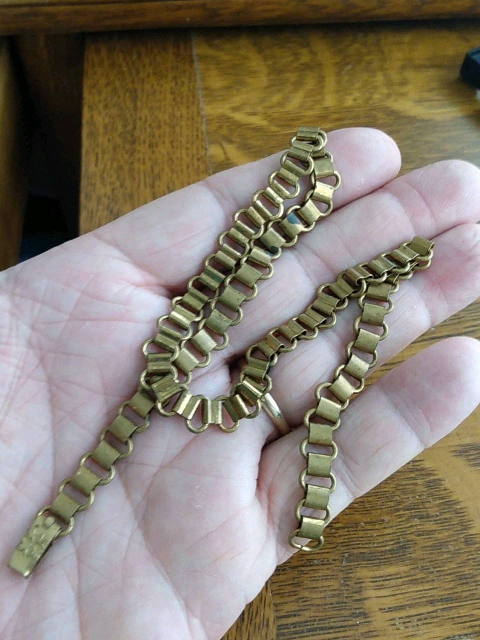Antique Brass Bookchain Necklace 16 Inches Wide Flower Embossed Clasp